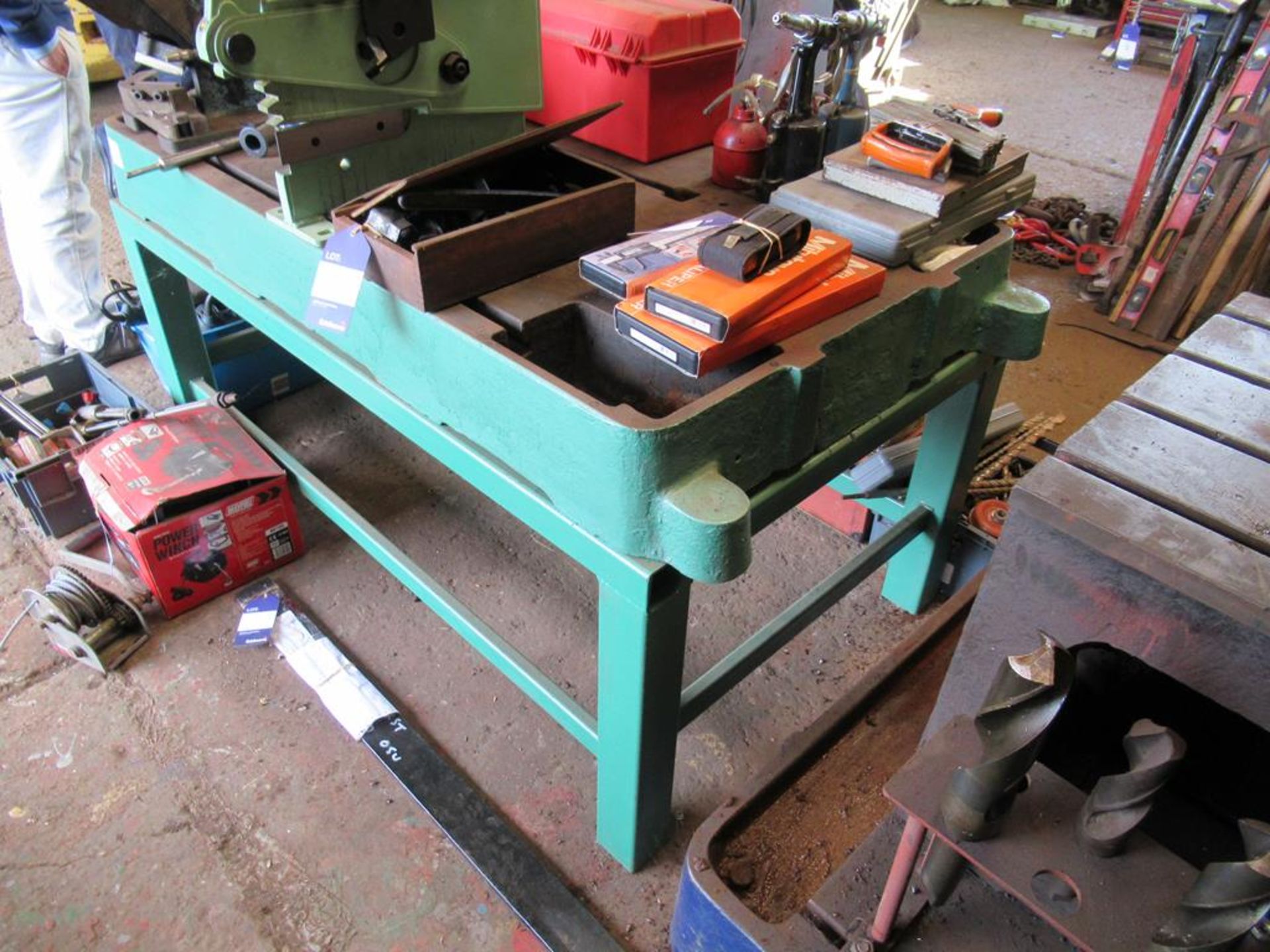 Steel workbench constructed from drill base on stands - Image 2 of 3