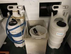 2X Eco lab foamers, HD plastic trolley + contents and a blinded barber stand