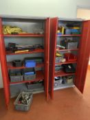 2 storage cabinets containing assorted tools, 2x Clarke mobile drawer units and a mini compressor