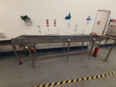 Length of inclined SS framed belt conveyor and 3 lengths of Shuttleworth acrylic driven roller conve