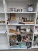 Quantity of various home deco/ kitchen items to include pans/scales, rolling pins etc to 5 shelves