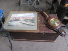 Wooden blanket box with barometer, water colour and table with cast effect legs