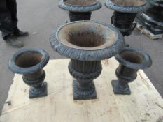 2 Small Ornate Cast Iron Garden Urn on stand , 1 Medium Cast Iron Garden Urn on stand approx 500mm