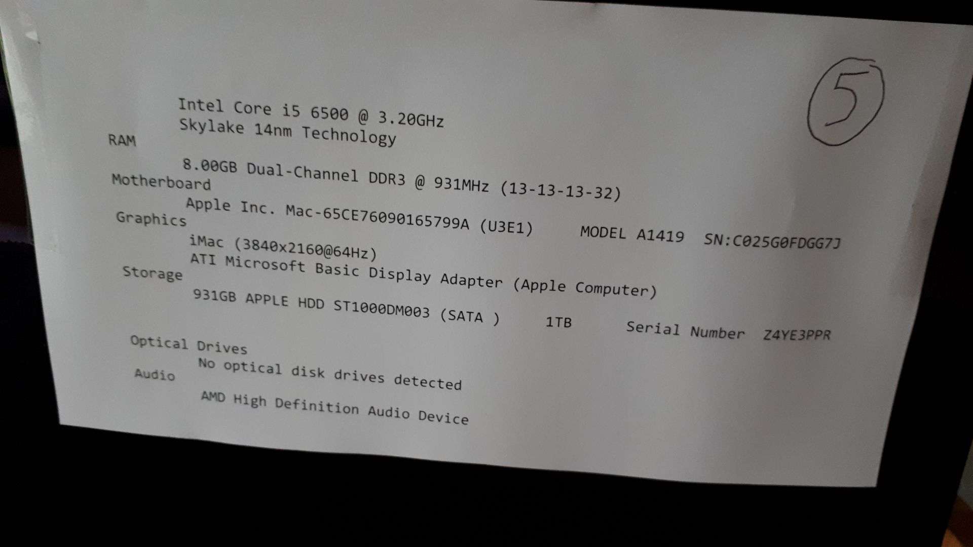 Apple iMac 27 Inch Core i5 3.2 GHz (5K, Late 2015) 8GB RAM 1TB HDD, Model A1419, S/N C02SG0FDGG7J (w - Image 5 of 5