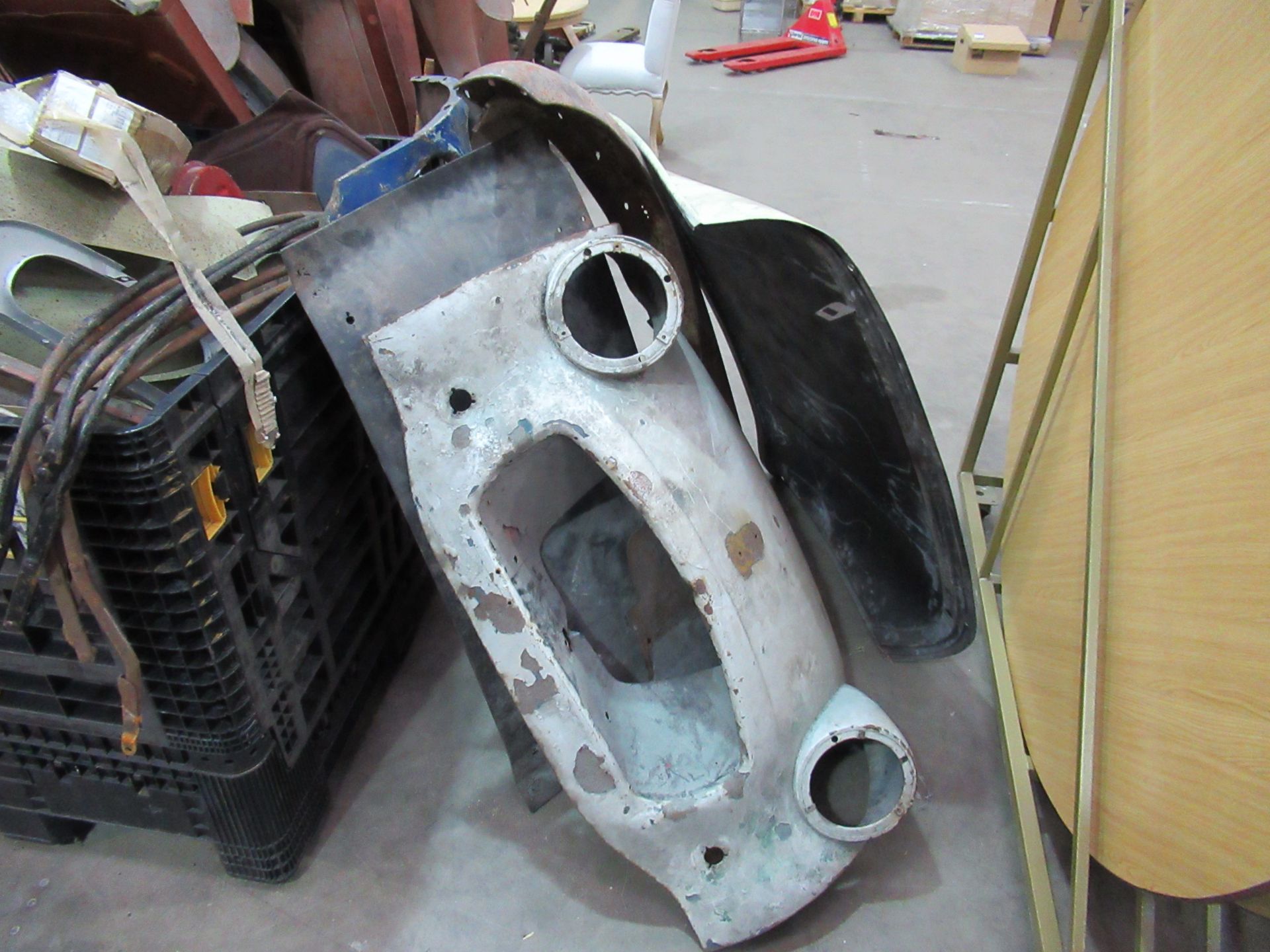 Stillage of Triumph TR2/3A body panels, hud frames, door cards etc - Image 2 of 6