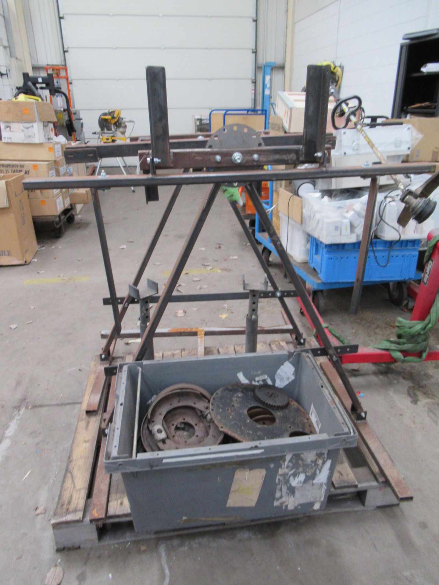 Clarke engine stand (incomplete) fabricated jig and various brake drum cylinders (unknown condition)