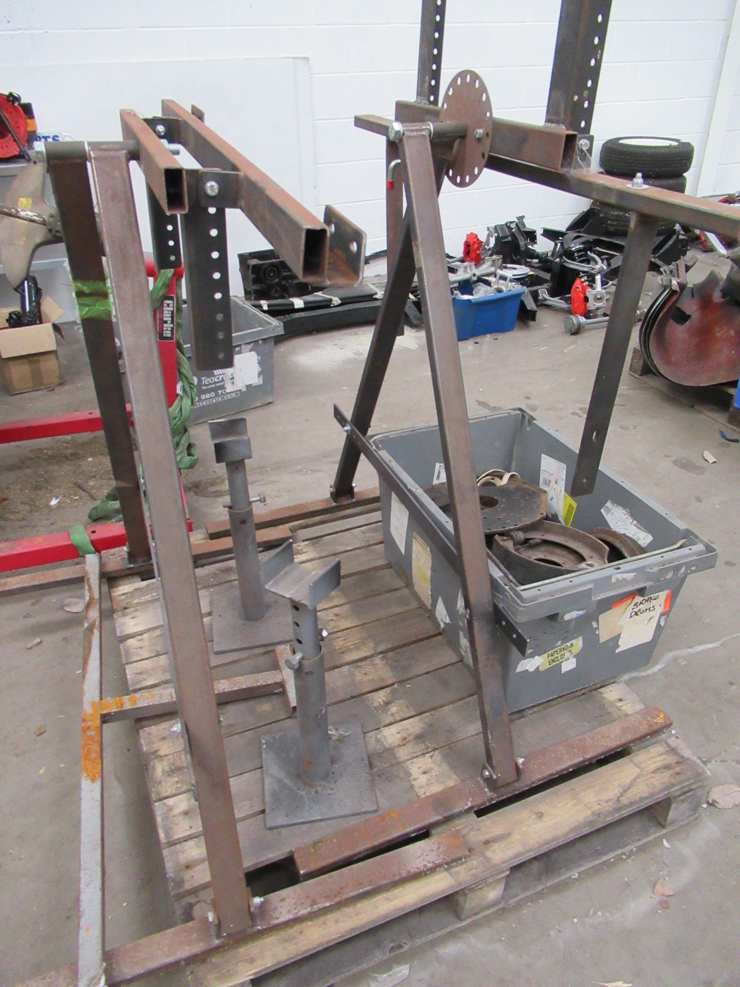 Clarke engine stand (incomplete) fabricated jig and various brake drum cylinders (unknown condition) - Image 2 of 5