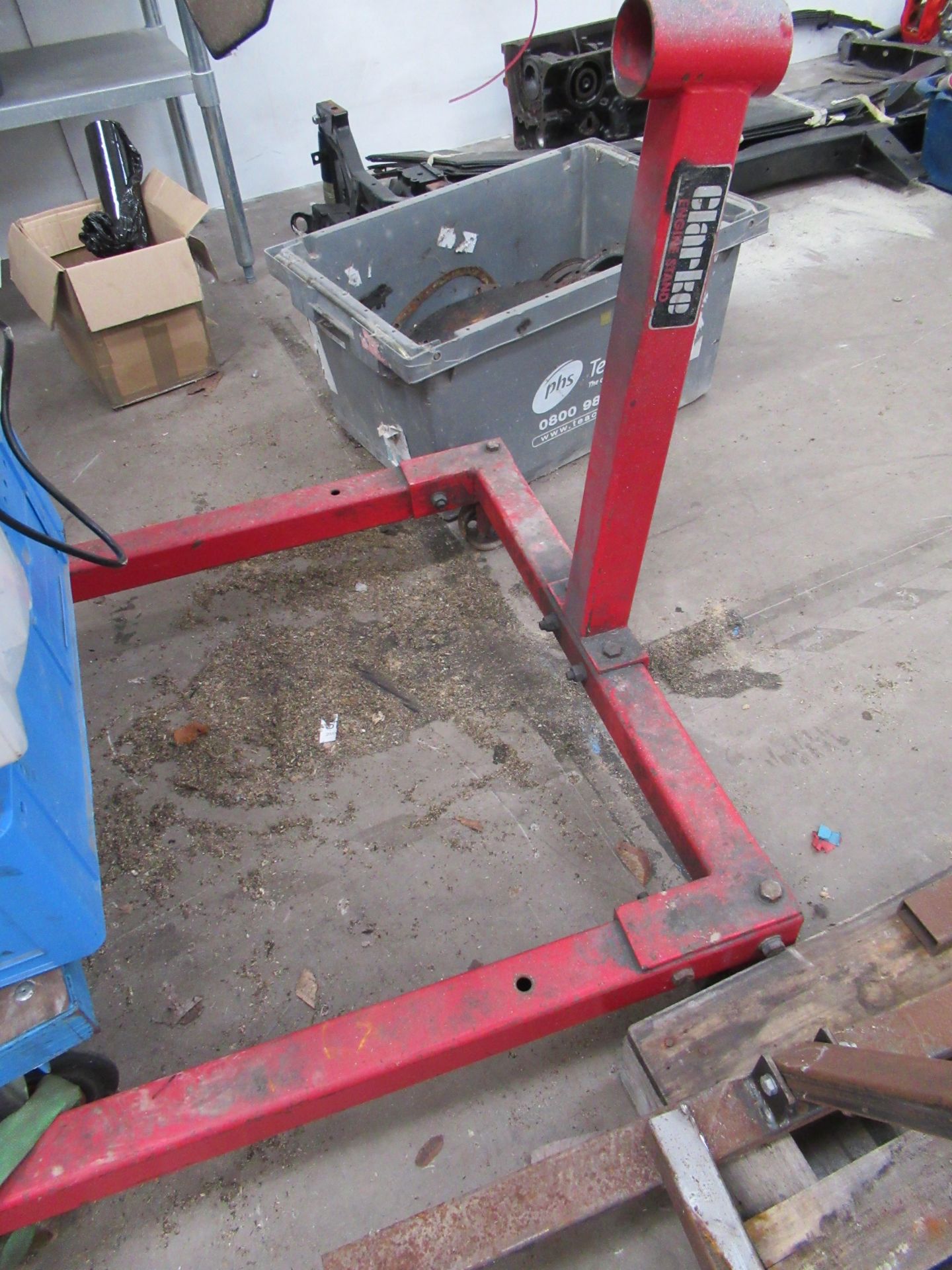 Clarke engine stand (incomplete) fabricated jig and various brake drum cylinders (unknown condition) - Image 3 of 5