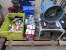 Pallet containing a Sealy G2300 Generator, Clarke Air Fan, lubricating oil etc.