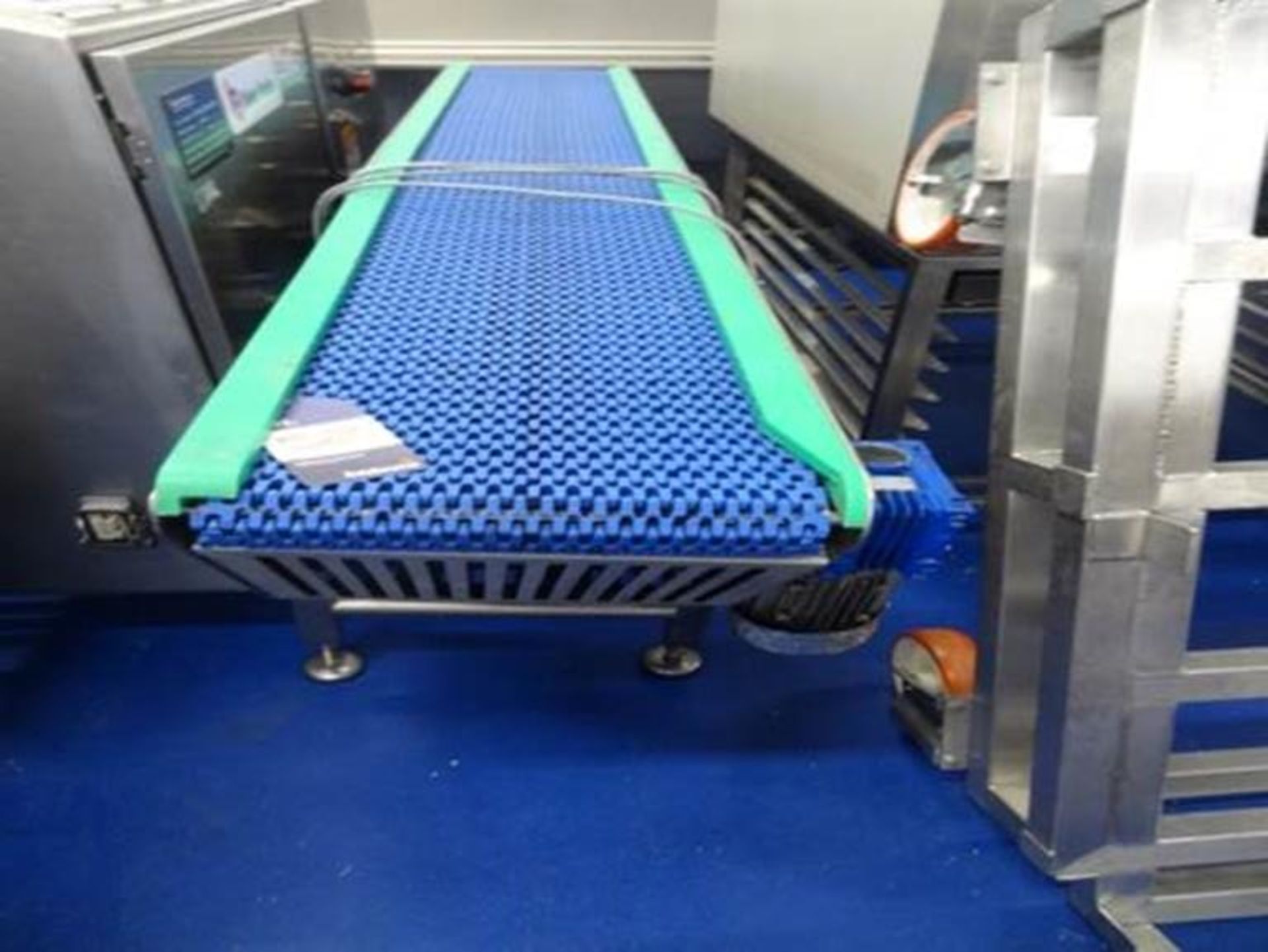 Conveyopr Lines Box conveyor. SS with plastric grid belt and buide rails