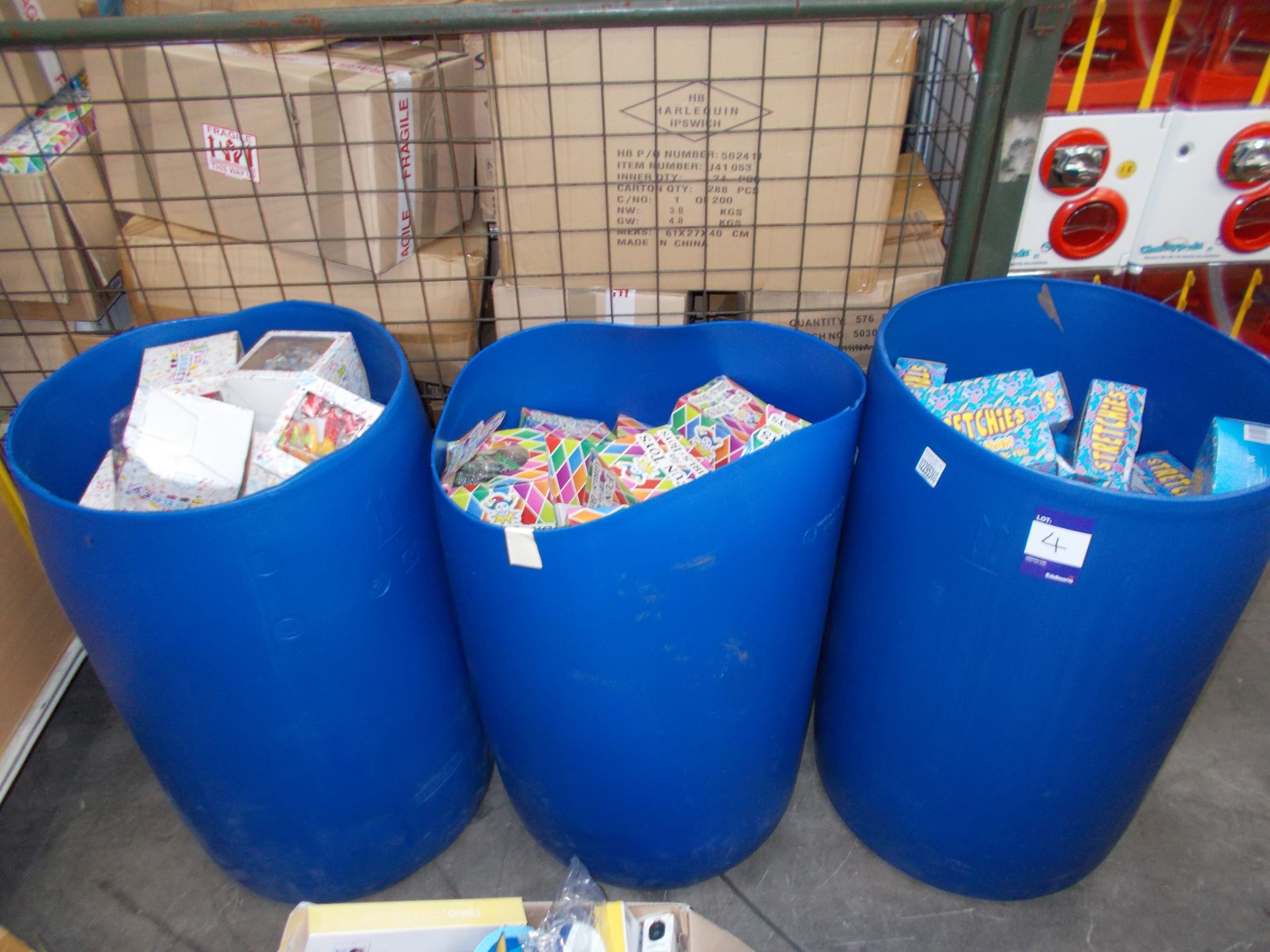 Large quantity of assorted children’s toys / games to 3 x plastic drums, to include: Stretchies