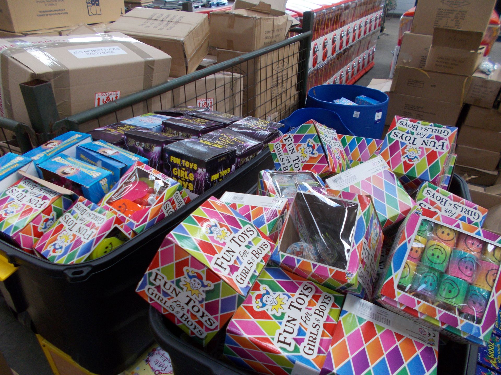 Large quantity of assorted children’s toys / games, to 2 x wooden trolleys, and 2 x plastic boxes, - Image 4 of 5