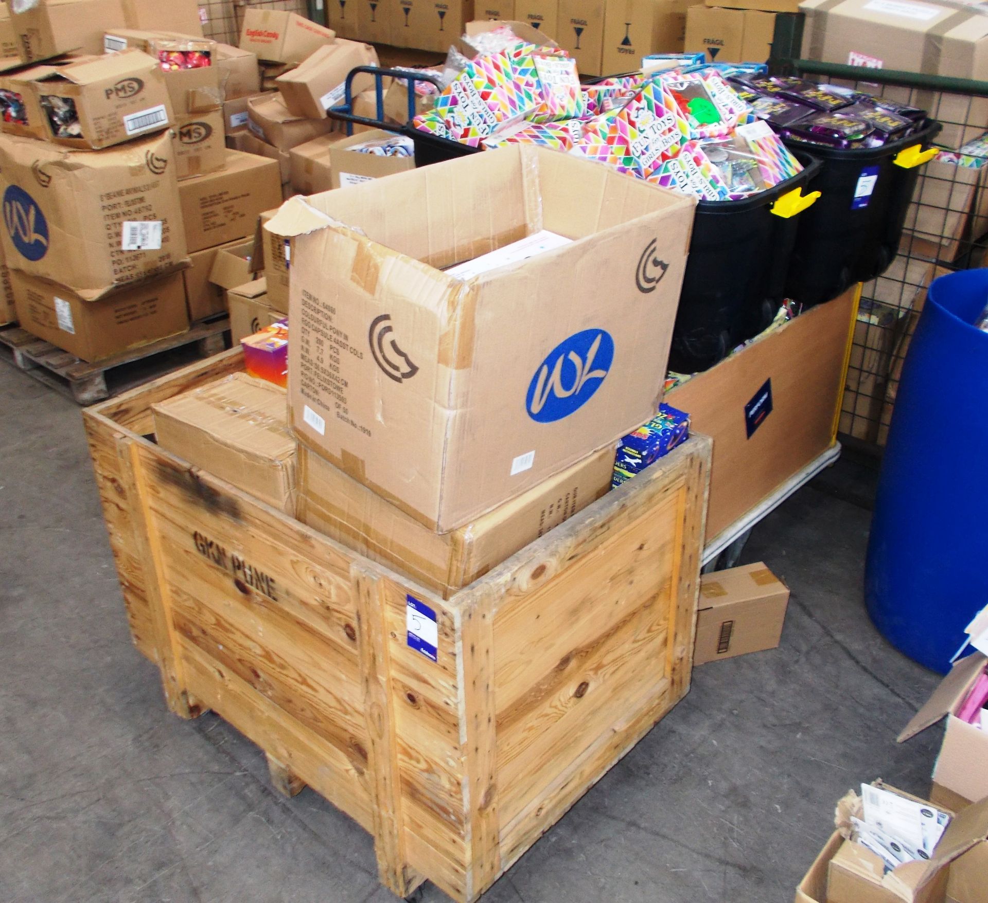 Large quantity of assorted children’s toys / games, to 2 x wooden trolleys, and 2 x plastic boxes,