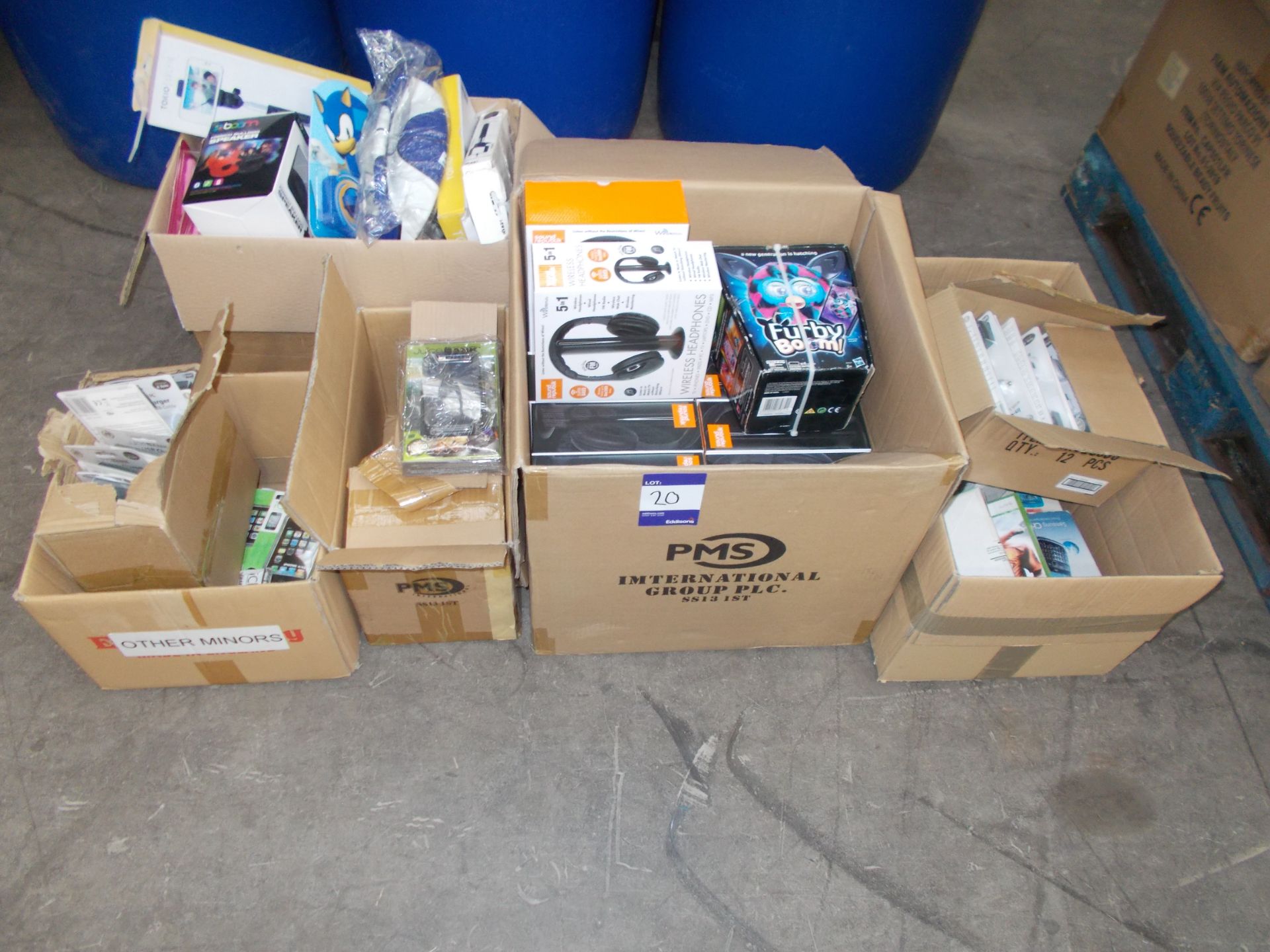 7 x Boxes of assorted electronics equipment, to include: Sound Republik wireless headphones,