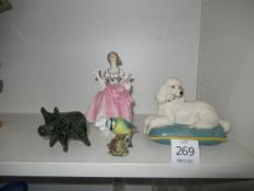 Beswick poodle and Blue Tit, Royal Doulton lady and a glass pig