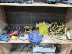 Shelf of Tools including Hammer Drill, Extension Cable (110v), Dewalt Hammer Drill, Bosch Hammer Dri