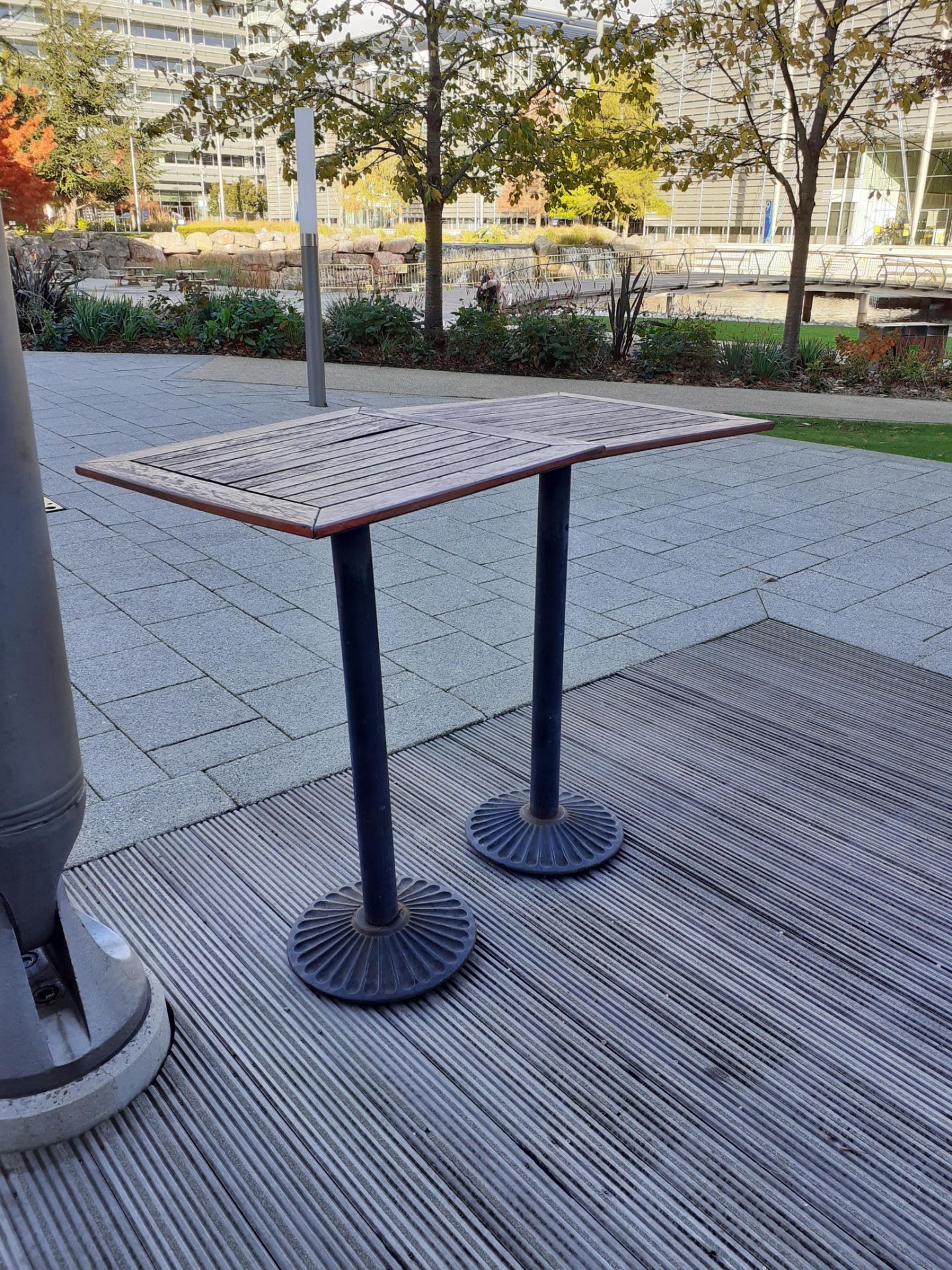 2 Timber Topped Steel Pedestal Bar Tables