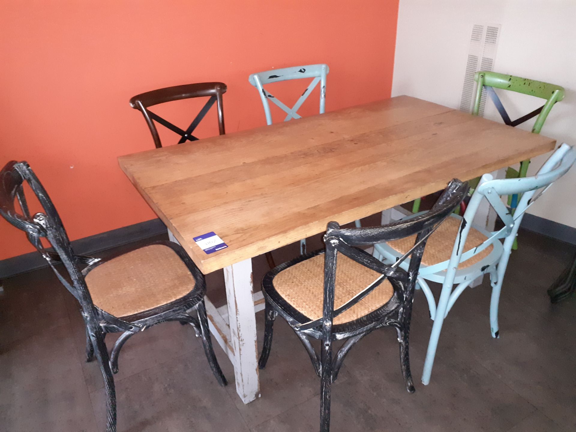 Oak Dining Table with 6 Painted Wood Chairs