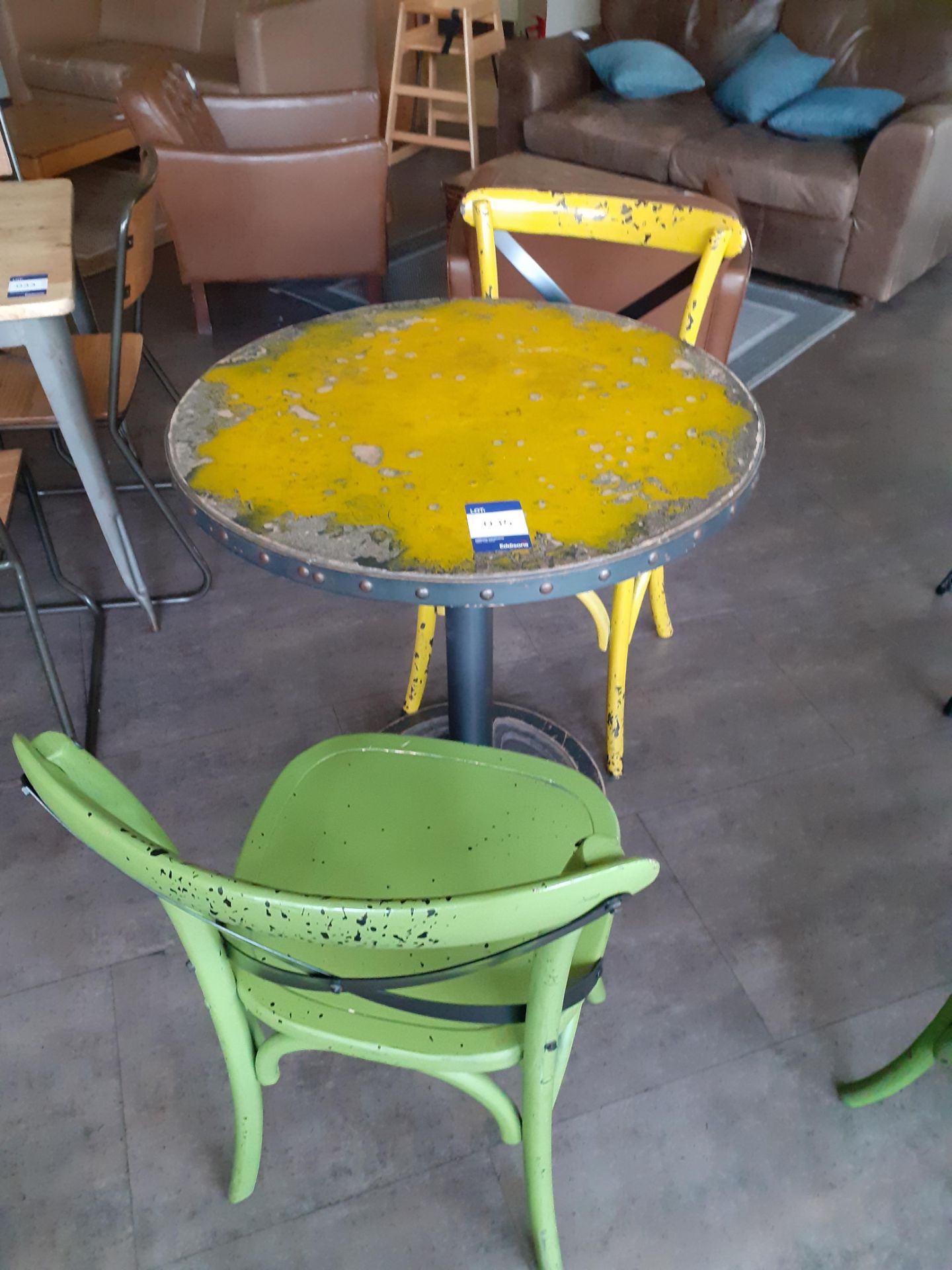 Distressed Top Steel Pedestal Café Table with 2 Ch