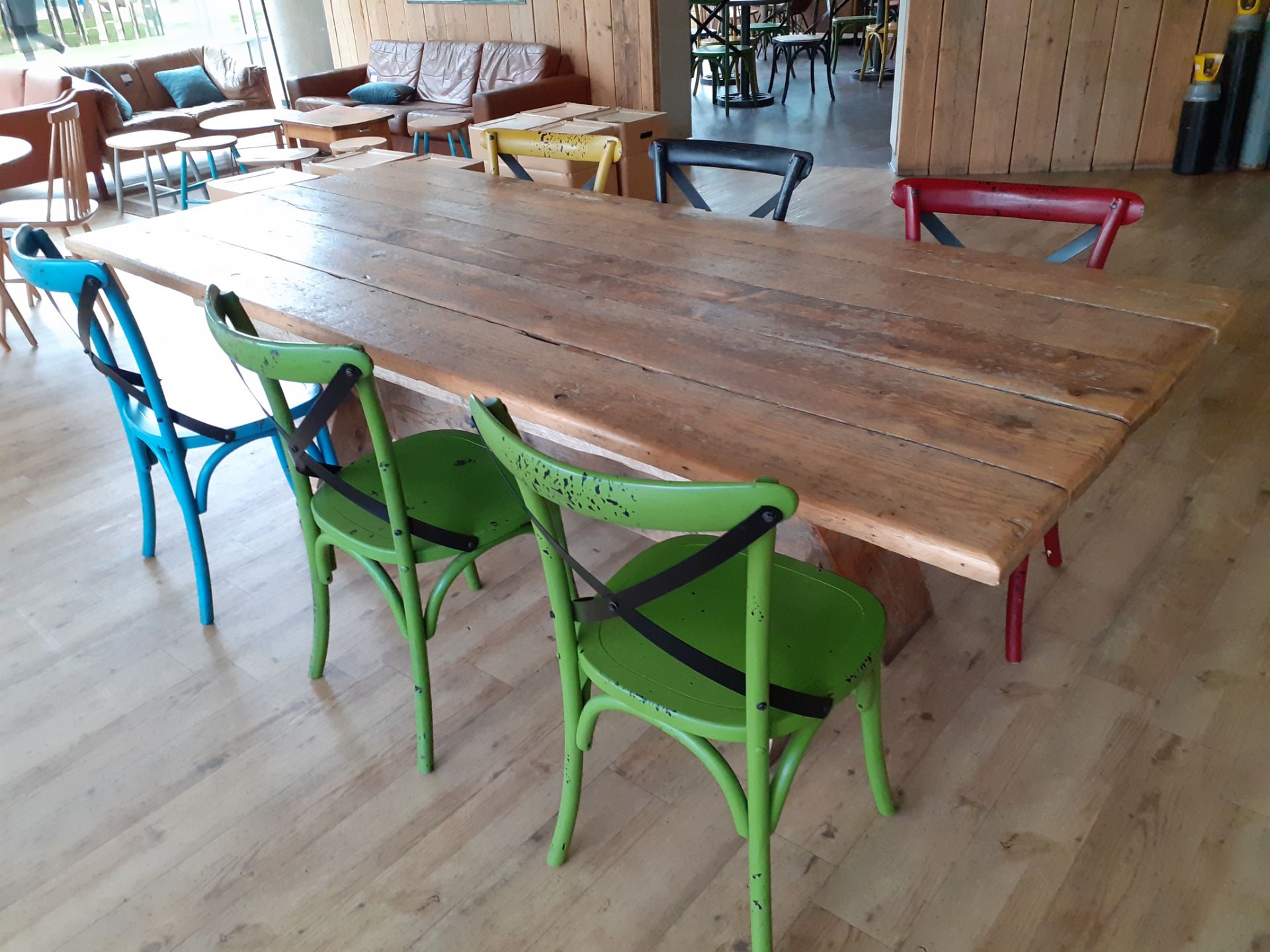 Timber X Frame Table with 6 Various Chairs - Image 2 of 2