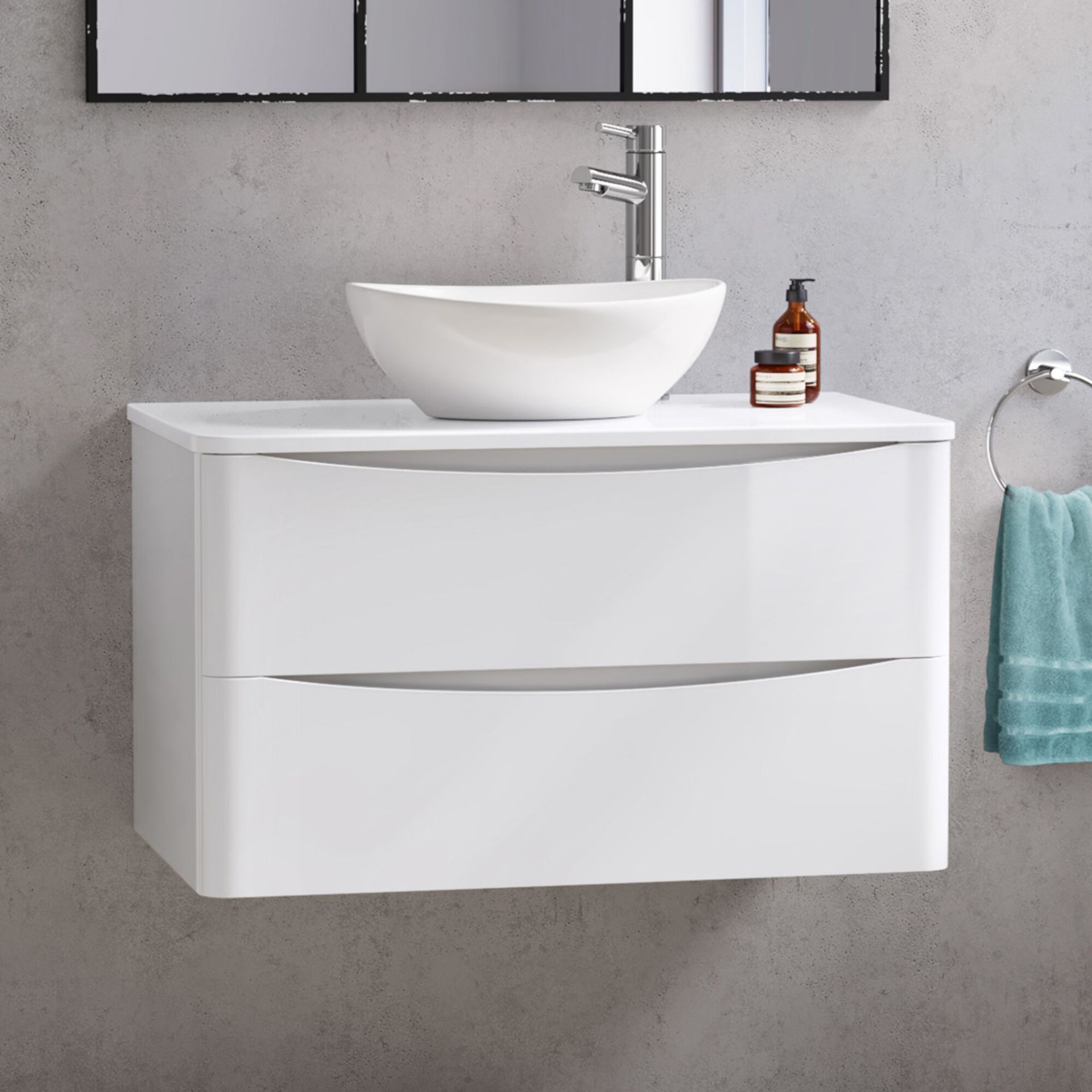 NEW & BOXED 1000mm Austin II Gloss White Countertop Unit and Camila Basin - Wall Hung. RRP £999.99.