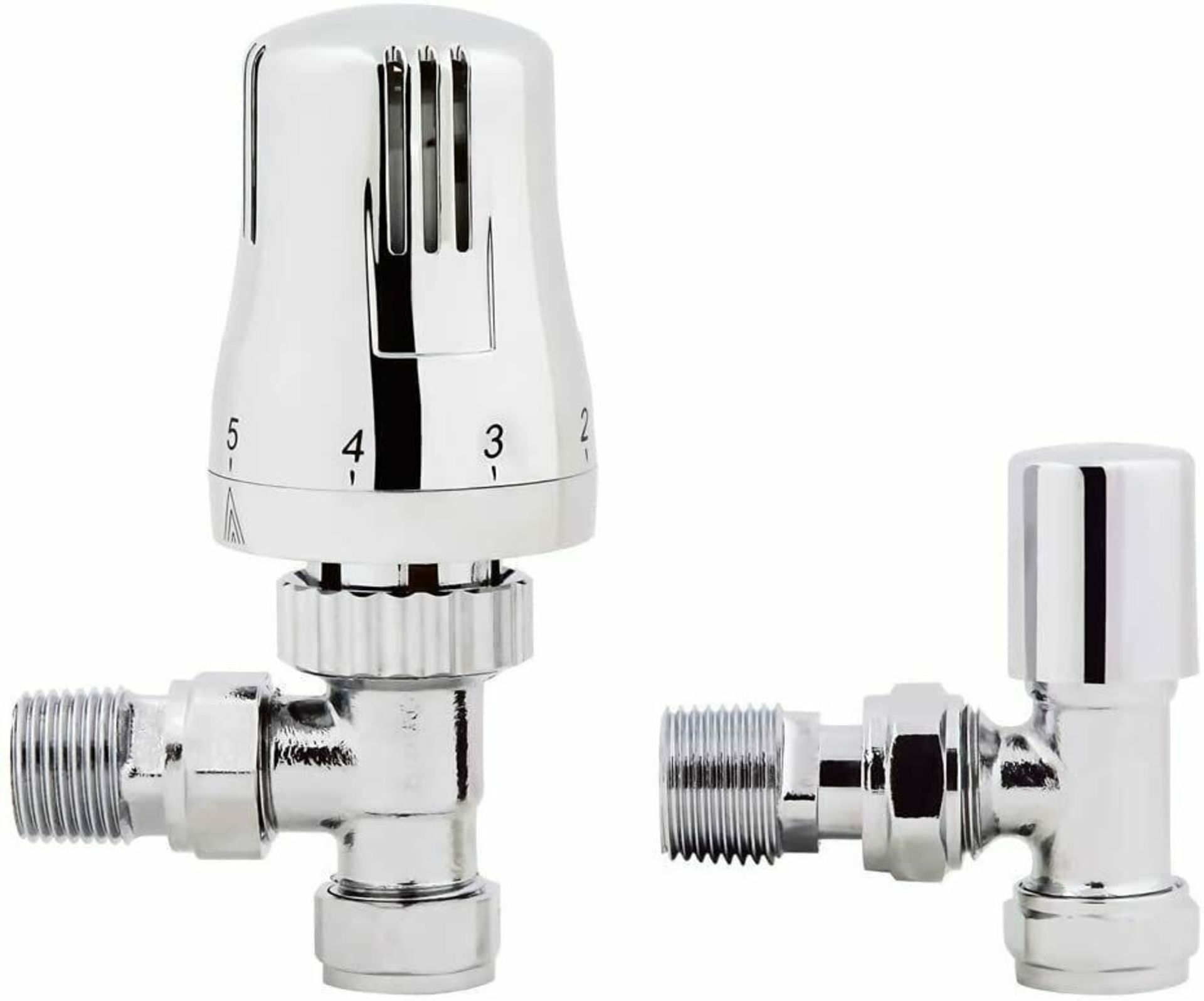 NEW & BOXED Chrome Thermostatic Control Angled Designer Radiator Valves Pair 15mm _" NEW. RRP £49.99