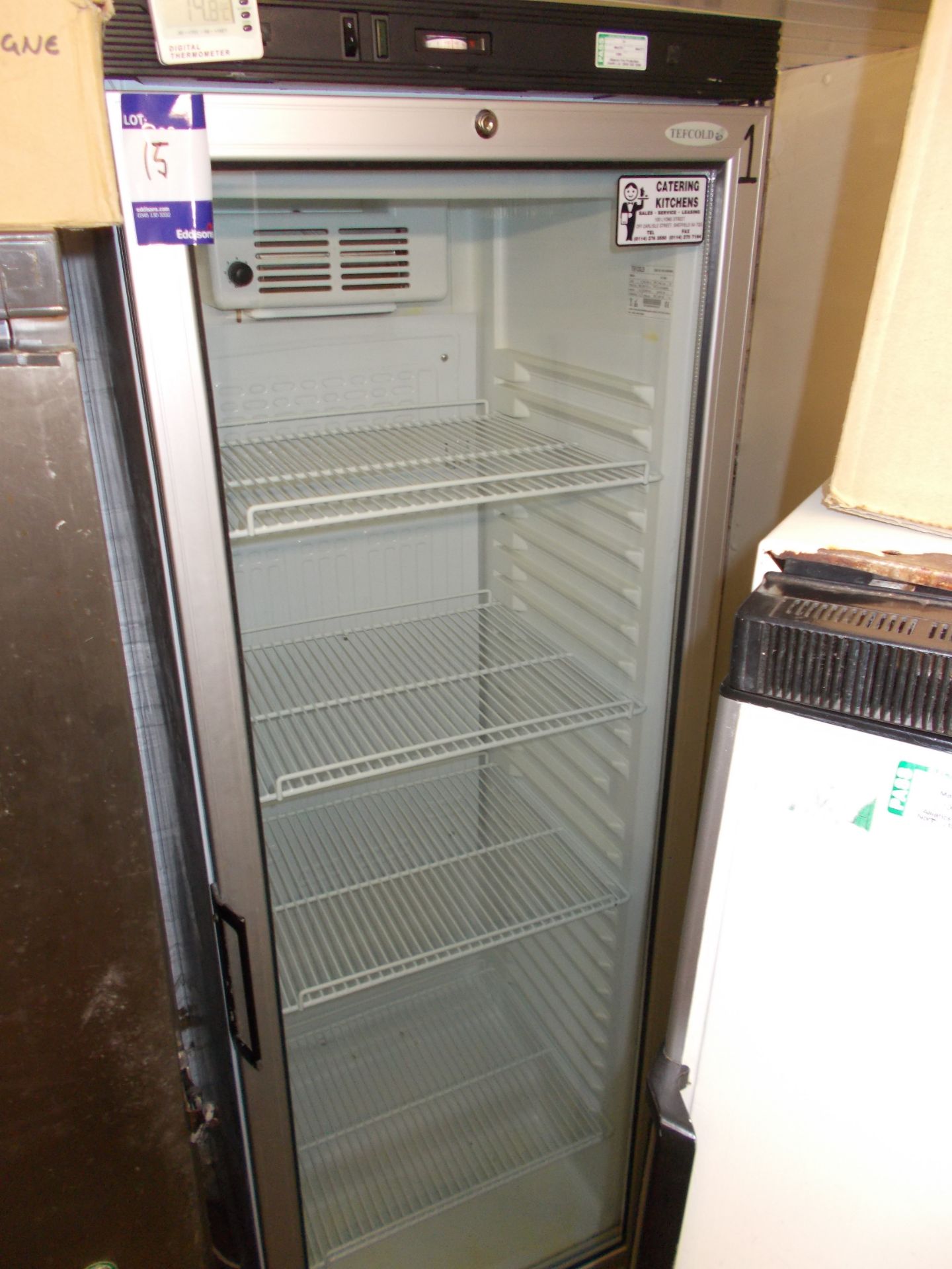 Tefcold glazed fronted upright chiller. Dimensions: H: 6ft, x W: 2ft, x D: 2ft. *Please note, this