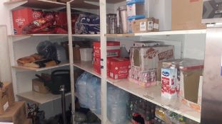 Contents of Shelving to include Dry Snacks, Food Stuffs, Sauces, Soft Drinks and Juices, Packaging