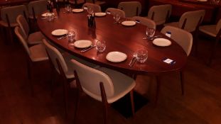 Hard Wood Topped Oval Pedestal Table 2350x1080mm with 8 x Hard Wood Olive Leather Upholstered Dining