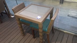 Glass Topped Rattan Table 700 x 700 with 2 x Rattan Dining Chairs