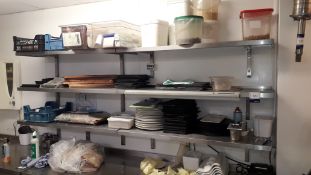 6 x Stainless Steel Wall Mounted Shelves with Contents of Slate Boards and Crockery