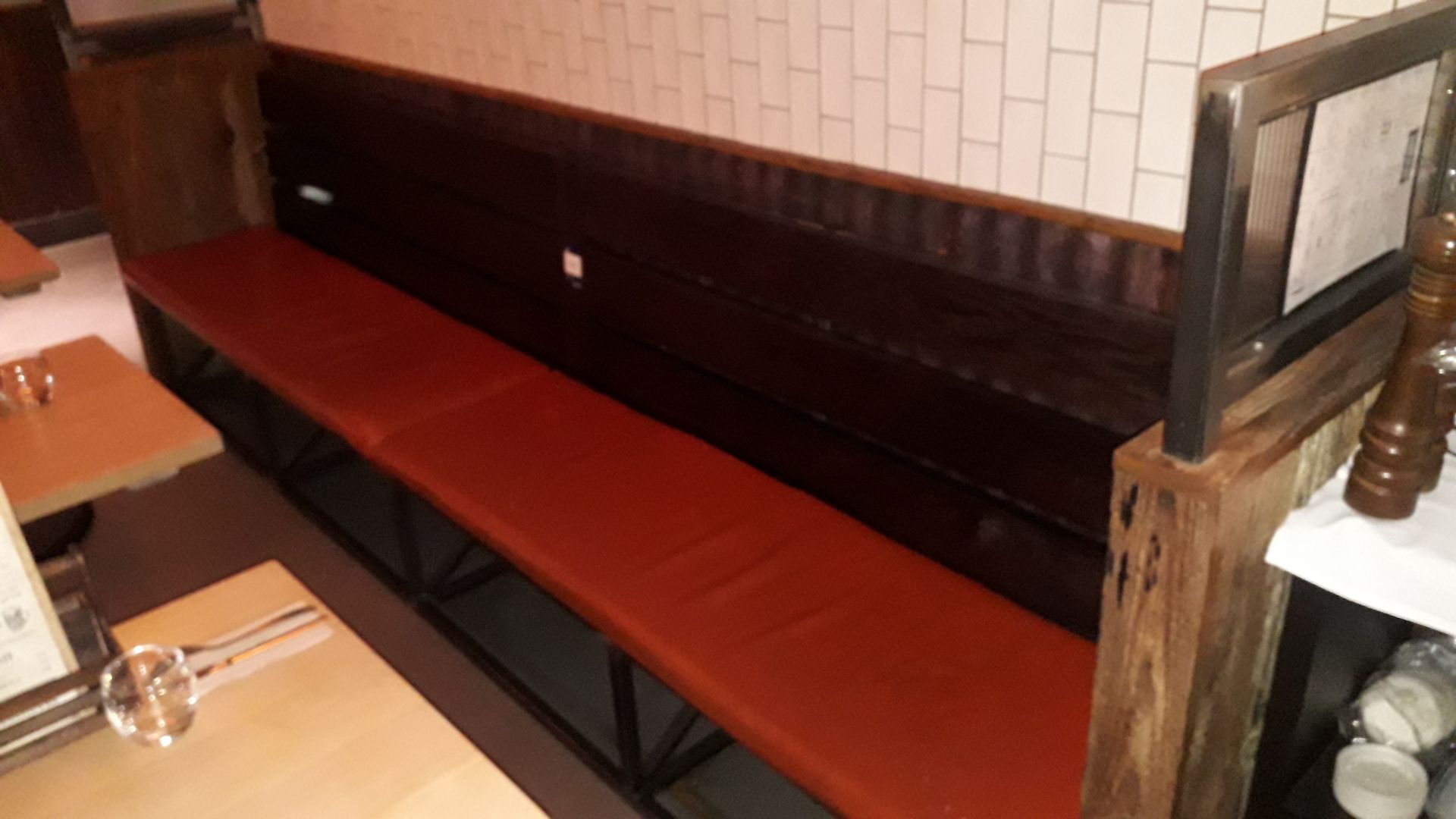 Steel Framed Timber Slat Bench with Loose Leather Cushions 3350mm