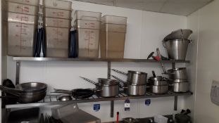2 x Stainless Steel Wall Mounted Shelves and Contents of Pots, Pans and Containers