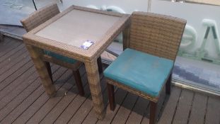 Glass Topped Rattan Table 700 x 700 with 2 x Rattan Dining Chairs