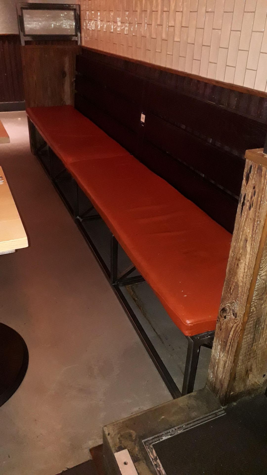 Steel Framed Timber Slat Bench with Loose Leather Cushions 3350mm - Image 2 of 2
