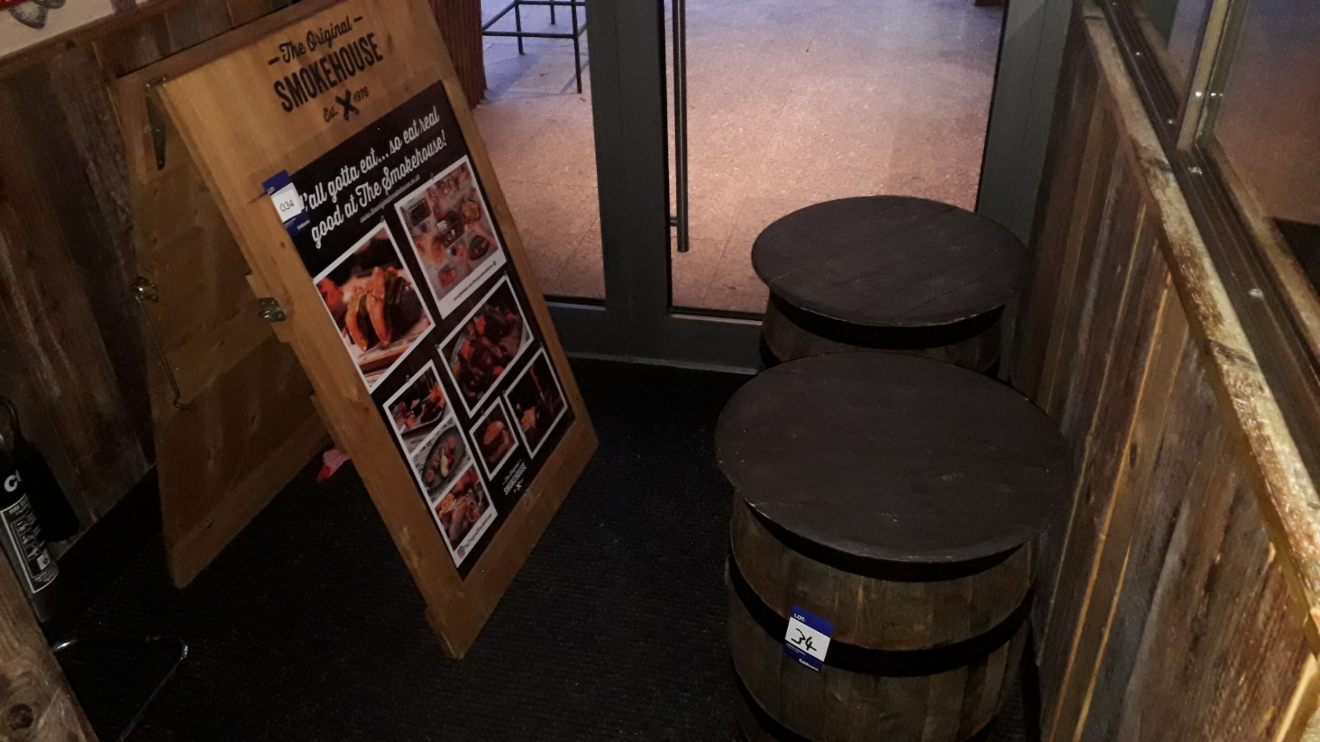 Timber Sandwich Board and 2 Oak Barrels