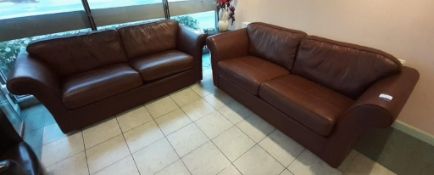 Reception furniture to include 2 brown leather effect sofas, 2 brown leather effect armchairs and a
