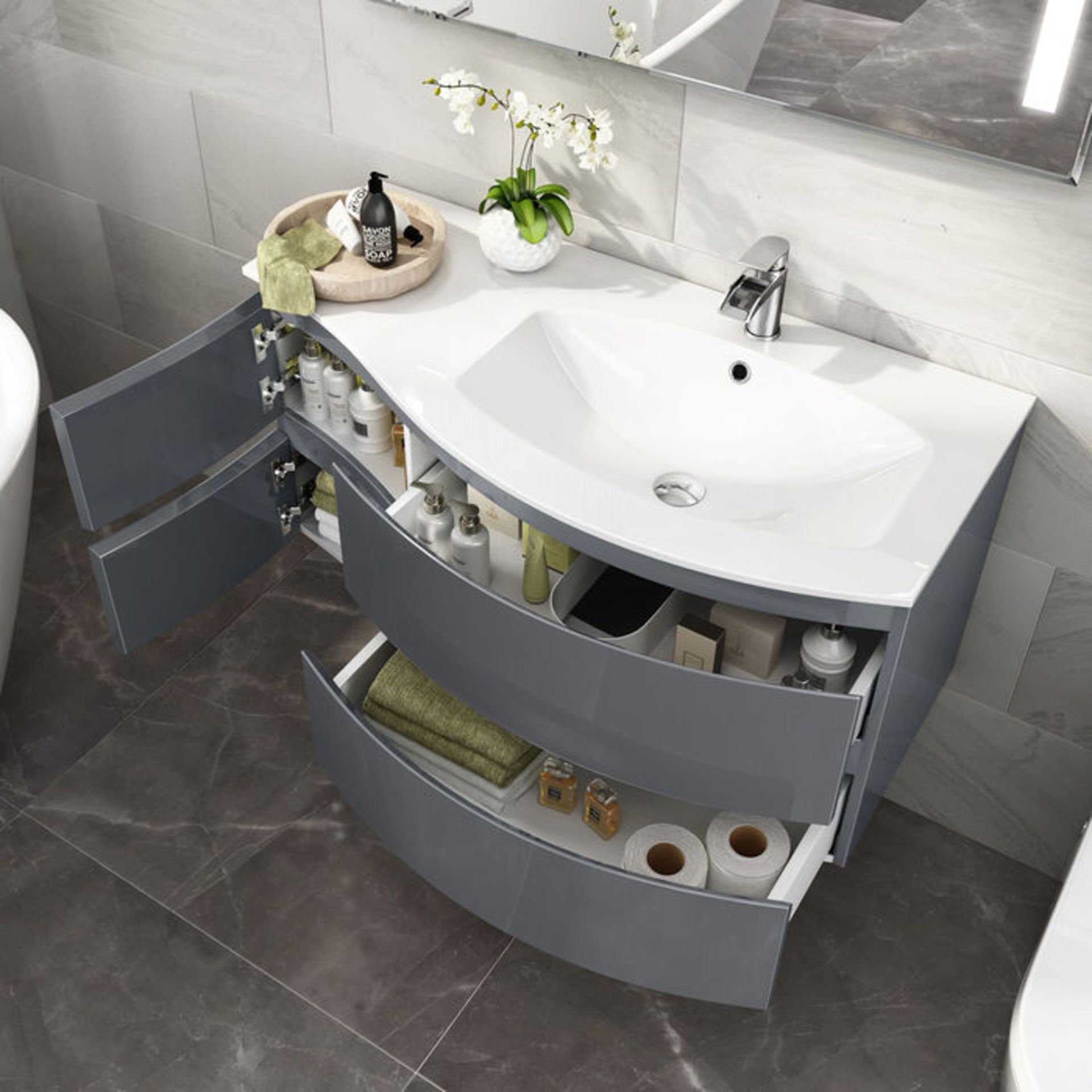 NEW & BOXED 1040mm Amelie Gloss Grey Curved Vanity Unit - Right Hand - Wall Hung.RRP £1,499.Comes - Image 2 of 3