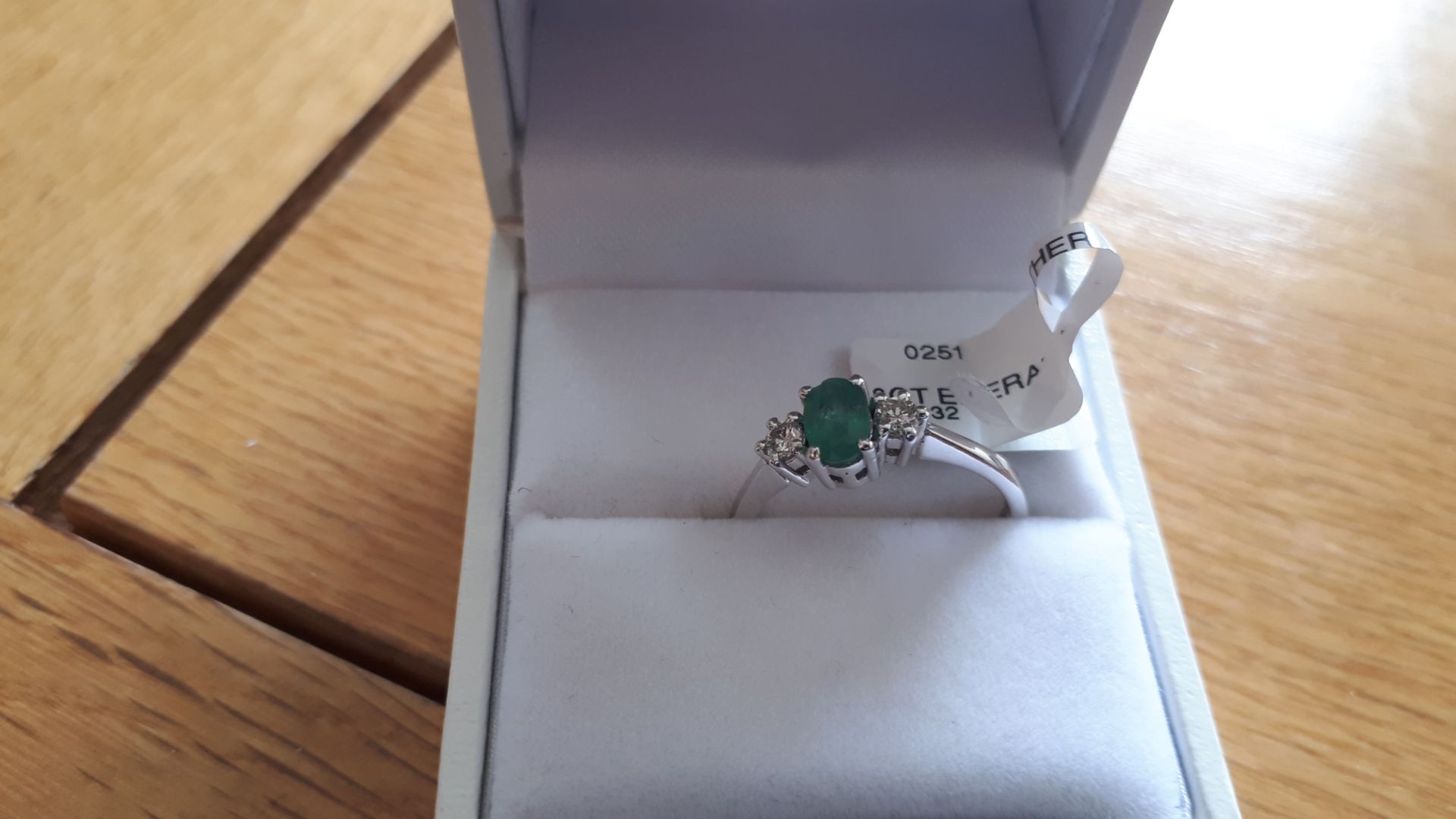 18CT WG Oval emerald diamond 3 stone ring, size = - Image 2 of 3