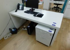 White Contemporary Desk (Ikea) (1500x650) with Two Drawer Mobile Pedestal and Eight Bay Shelf