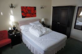 Double bed, 2 x Oak effect side tables with lamps,