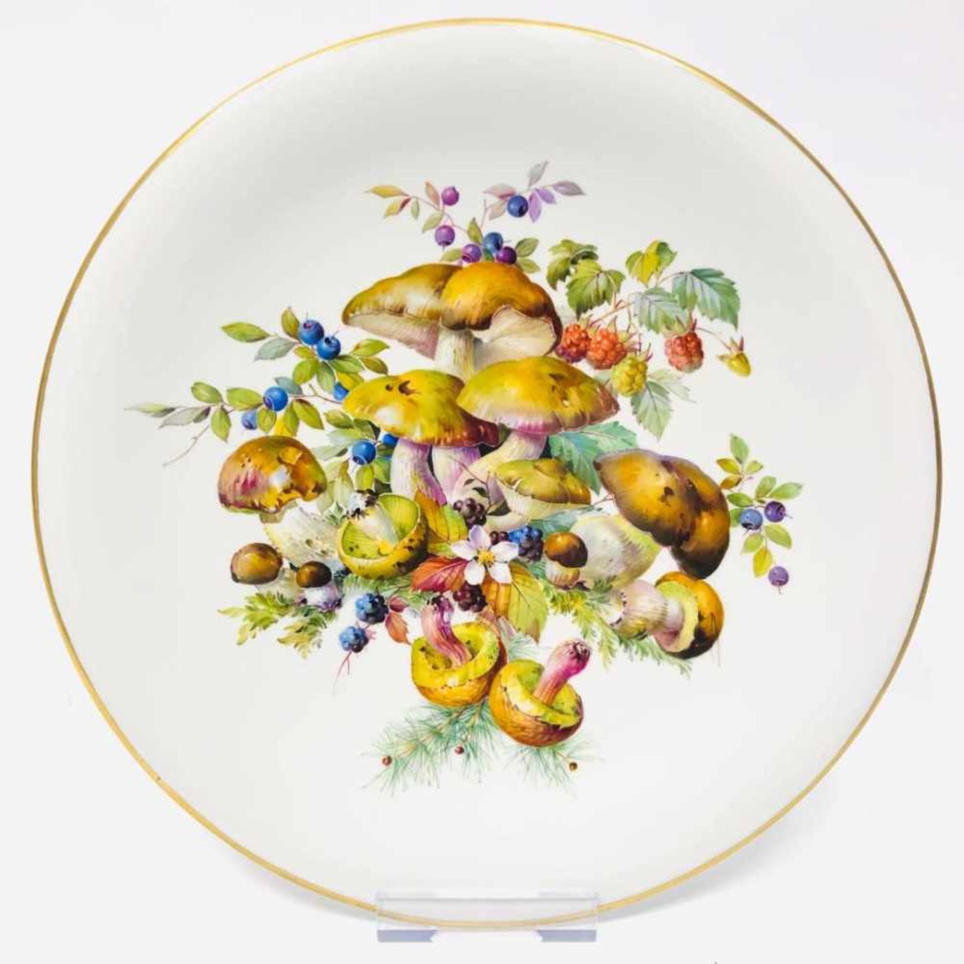 Großer Wandteller / Zierteller / Schale: Meissen Porzellan. Pilz- und Fruchtmalerei. Gold, sehr