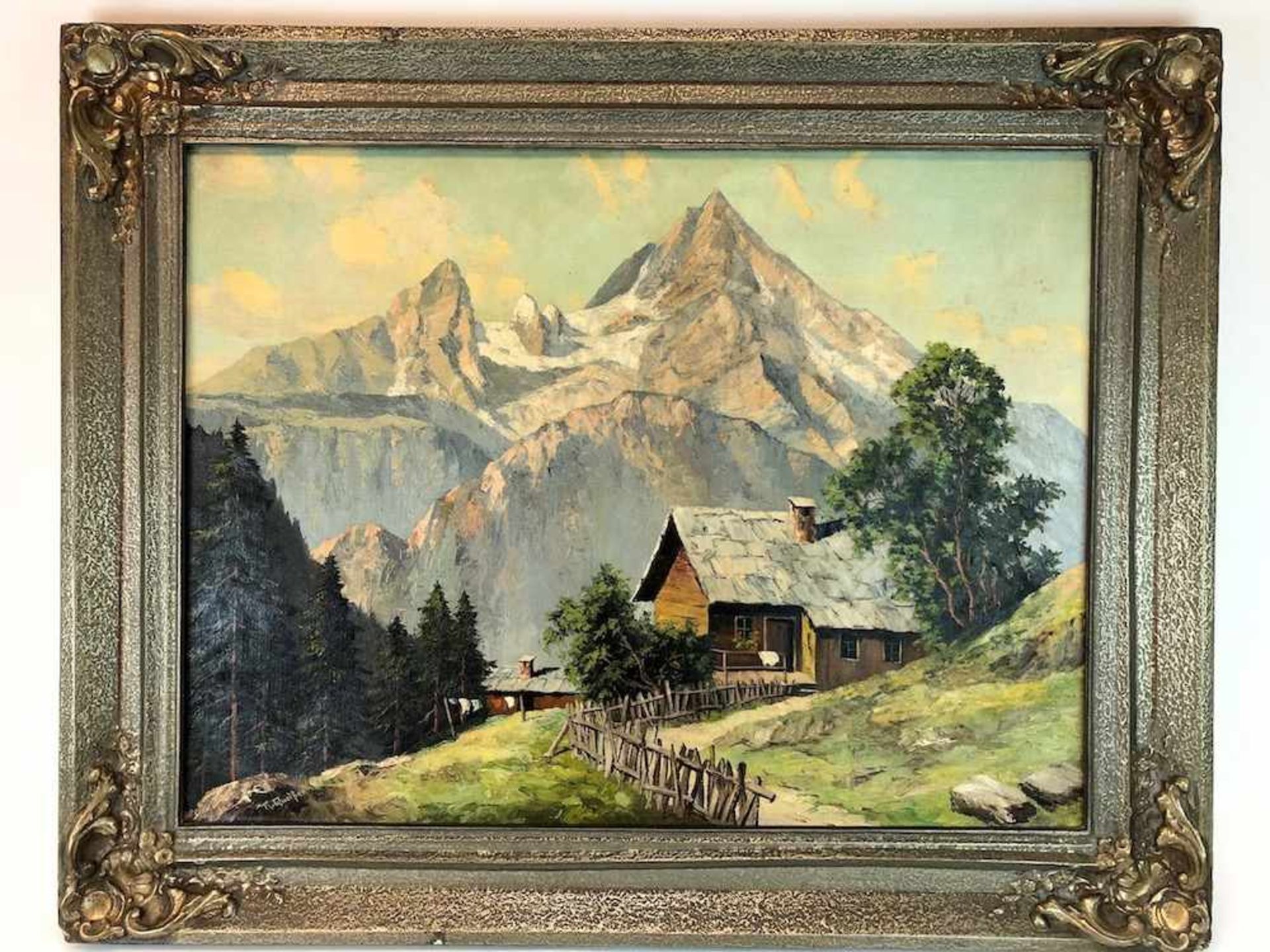 R. Queißer: Bauernhaus vor Alpen Panorama. Öl auf Leinwand. Frühes 20. Jh.Gemälde, Öl auf