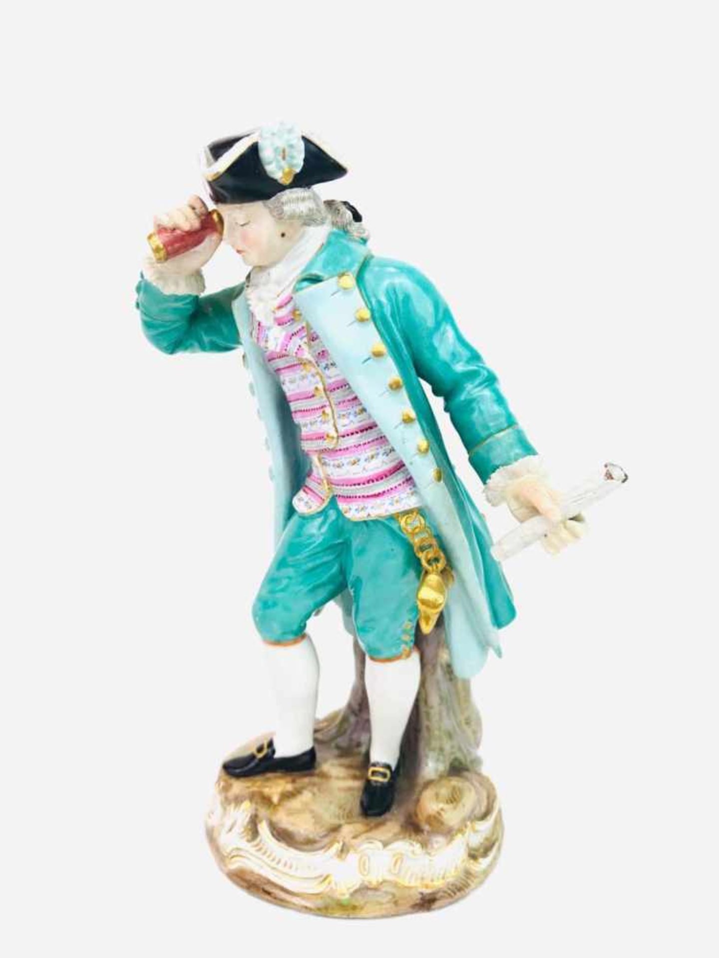 Porzellanfigur: Kavalier mit Fernrohr. Meissen Porzellan, um 1850, 1. Wahl."Kavalier mit - Bild 3 aus 5