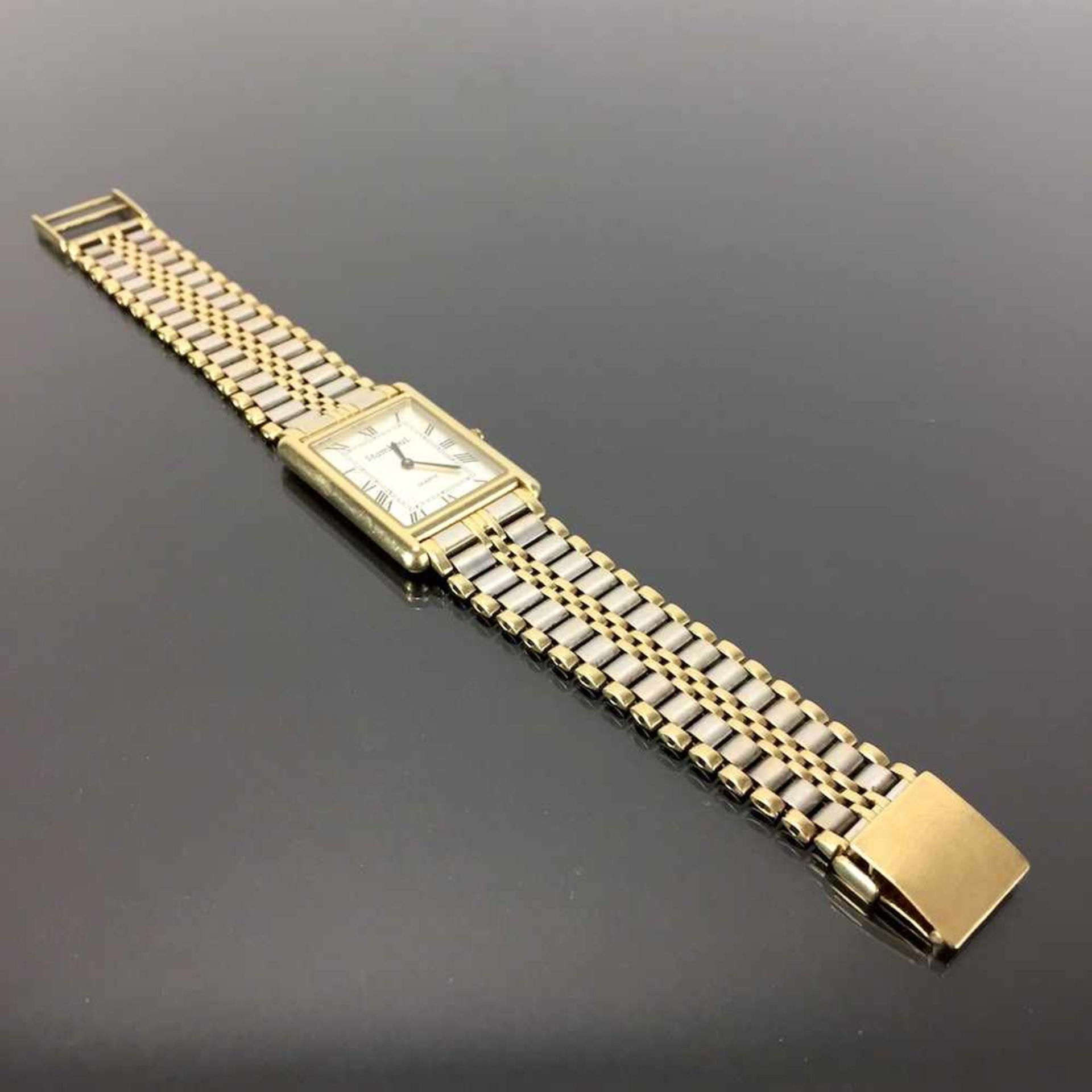 Schwere Herren Armbanduhr: Gold 585 / 14 K.Gemarkt "StambouL | Quartz". Rechteckiges Gehäuse aus - Image 4 of 4