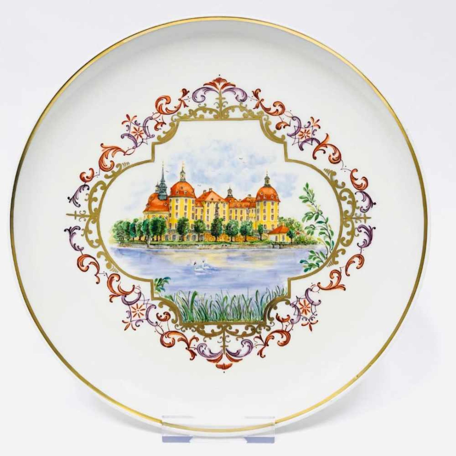 Großer Wandteller / Zierteller / Schale: Meissen Porzellan. Schloß Moritzburg. Gold, sehr gut.