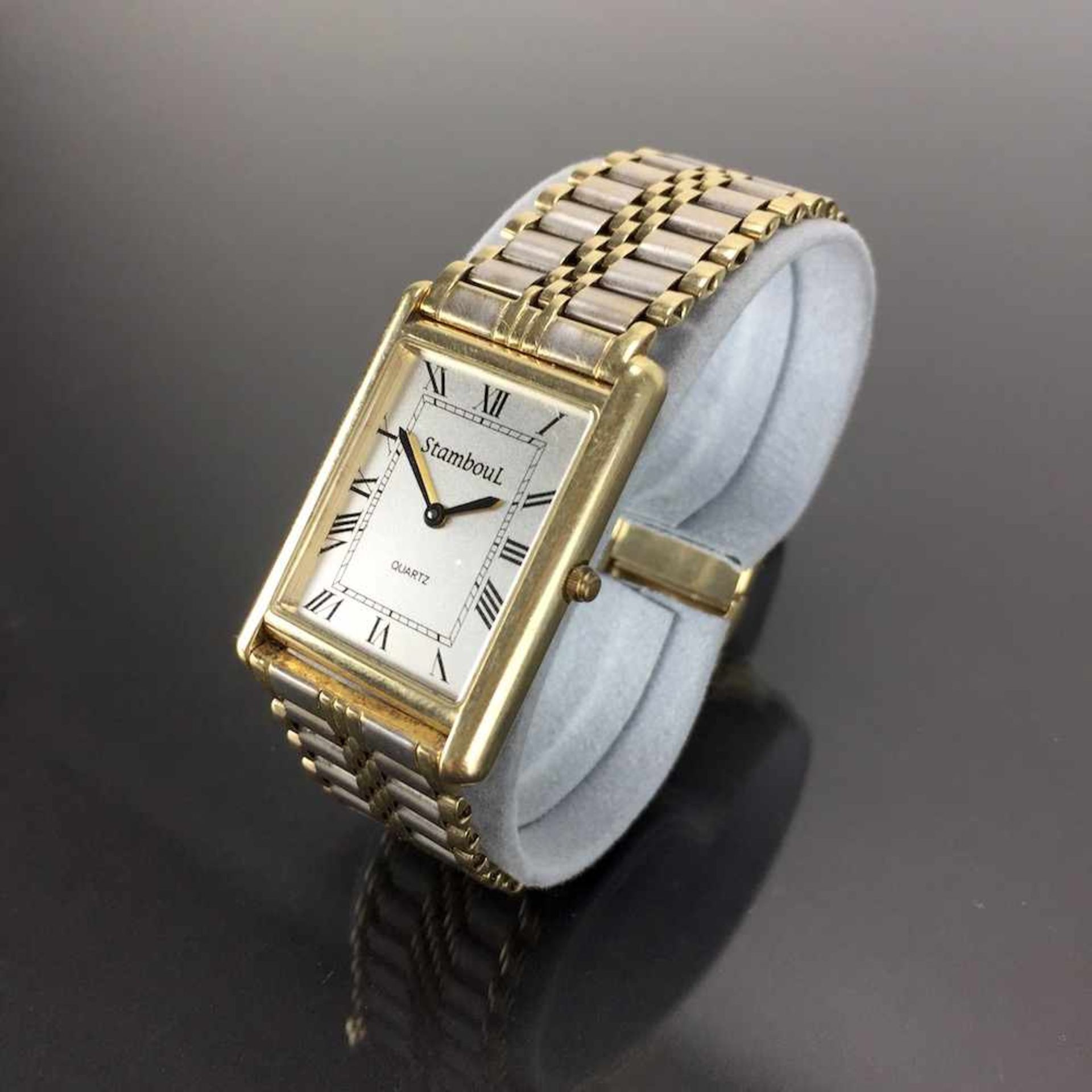 Schwere Herren Armbanduhr: Gold 585 / 14 K.Gemarkt "StambouL | Quartz". Rechteckiges Gehäuse aus - Image 3 of 4