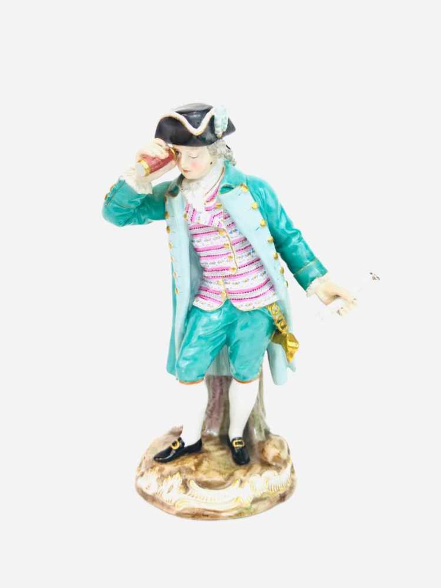 Porzellanfigur: Kavalier mit Fernrohr. Meissen Porzellan, um 1850, 1. Wahl."Kavalier mit