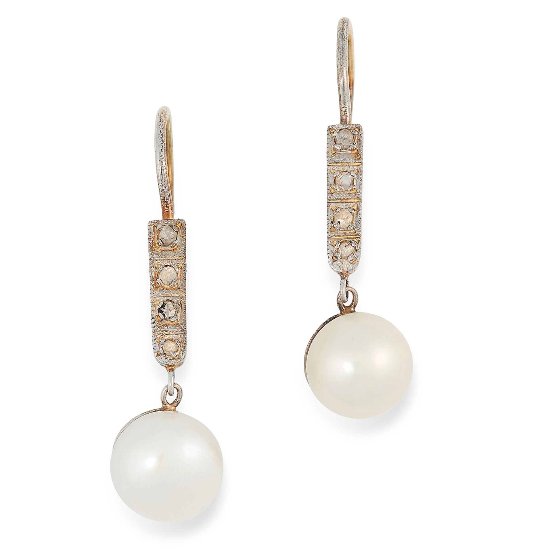 PEARL AND DIAMOND DROP EARRINGS each set with a row of round cut diamonds suspending a pearl drop,