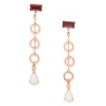 GEMSET DROP EARRINGS each set with an emerald cut garnet, round cut diamond and cabochon white